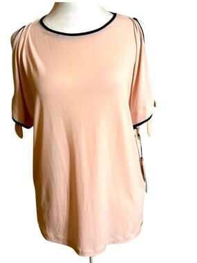 Ivanka Trump Blush Colored Top with Black Piping & Cold Shoulders